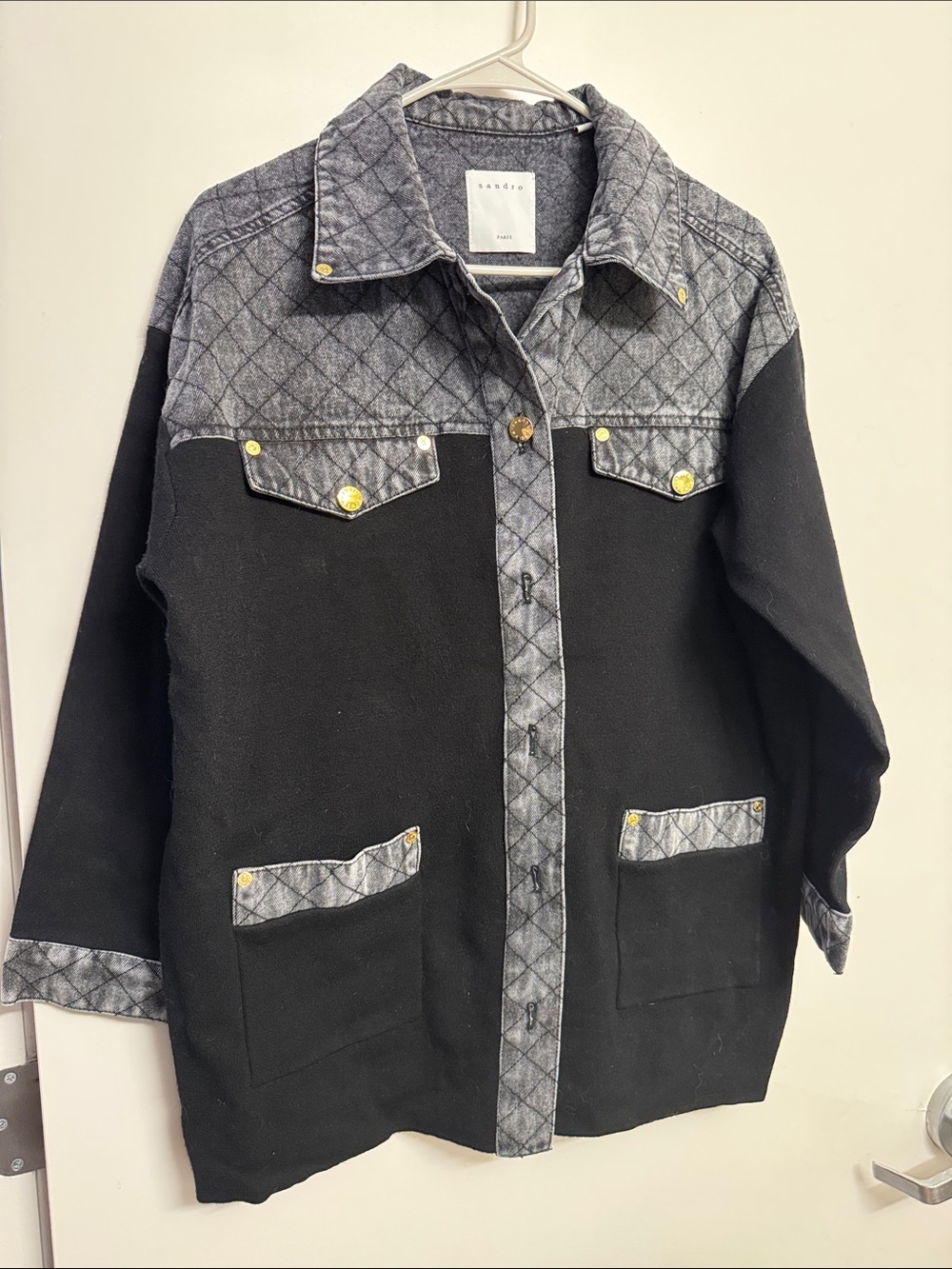 Sandro Quilted-Trim Utility Jacket in Black and Gray
